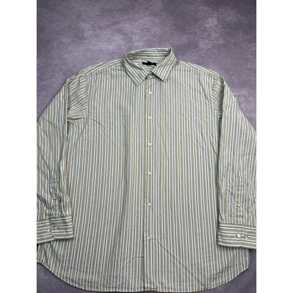 VTG Banana Republic Button Up Long Sleeve Shirt Mens 2XL Green Striped Hong Kong